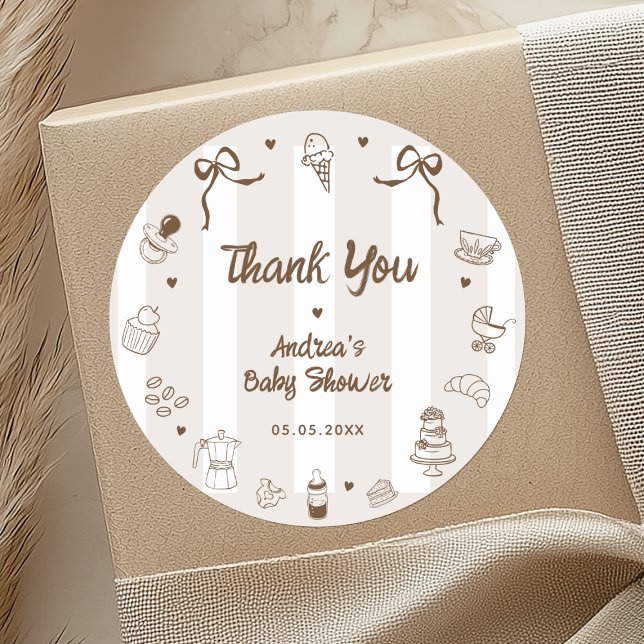 Sticker Rond Café Bébé French Hand Drawn Baby Shower Thank You (Créateur téléchargé)