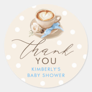 Sticker Rond Café Blue Bow Baby Shower Merci