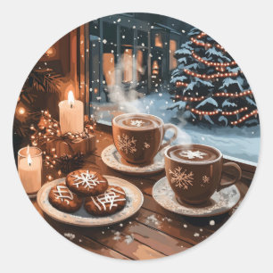 Sticker Rond Café d'hiver confortable avec cacao chaud et biscu