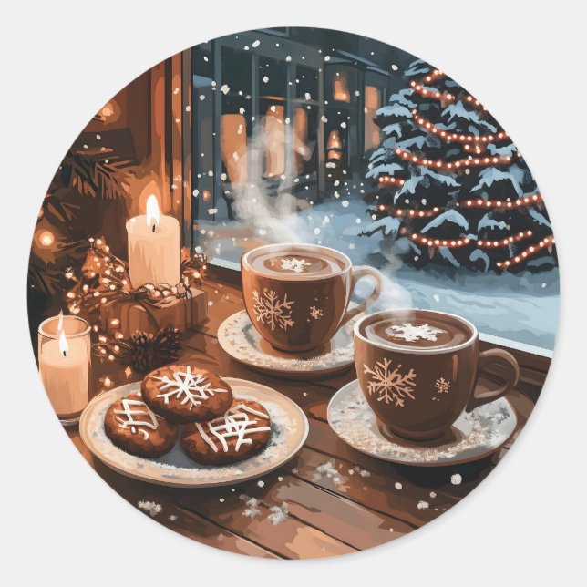 Sticker Rond Café d'hiver confortable avec cacao chaud et biscu (Devant)