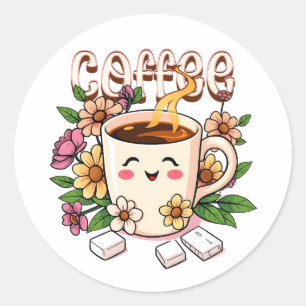 Sticker Rond Café et fleurs Cute Kawaii