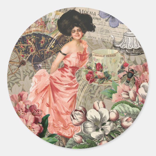 Sticker Rond Café Lady Victorian Femme Rose Classy (Devant)