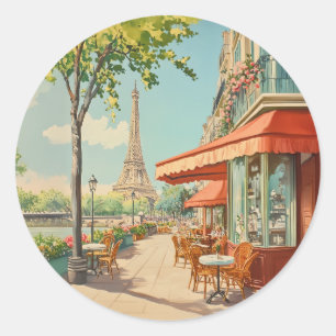 Sticker Rond Café parisien avec vue Eiffel
