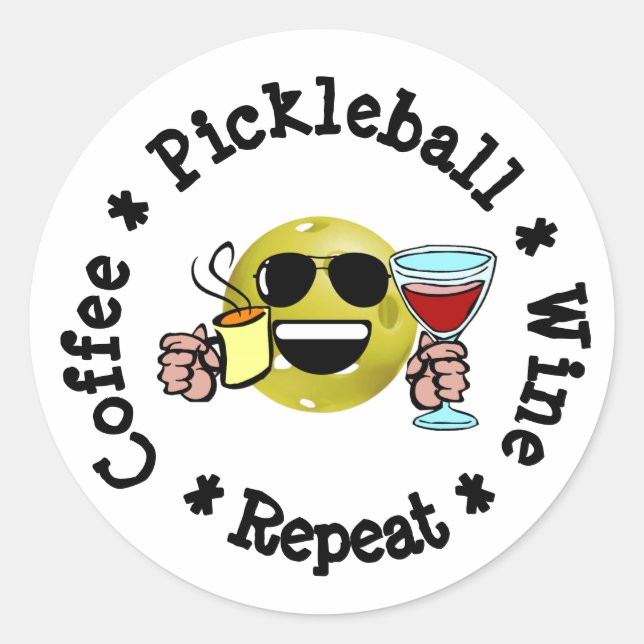 Sticker Rond Café, Pickleball, Vin, Pickleball Répéter Addict (Devant)