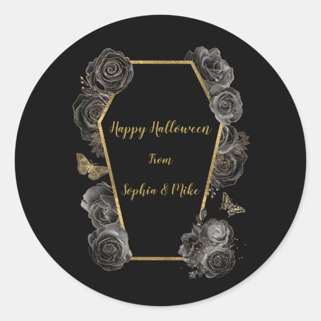 Sticker Rond Café Rose gothique noir et or Halloween (Devant)