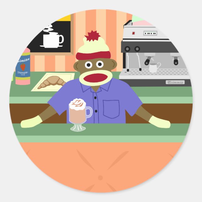 Sticker Rond Café Sock Monkey Barista (Devant)