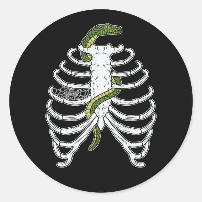 Sticker Rond Cage De Rib Squelette Os Avec Serpent Vert Hallowe (Devant)