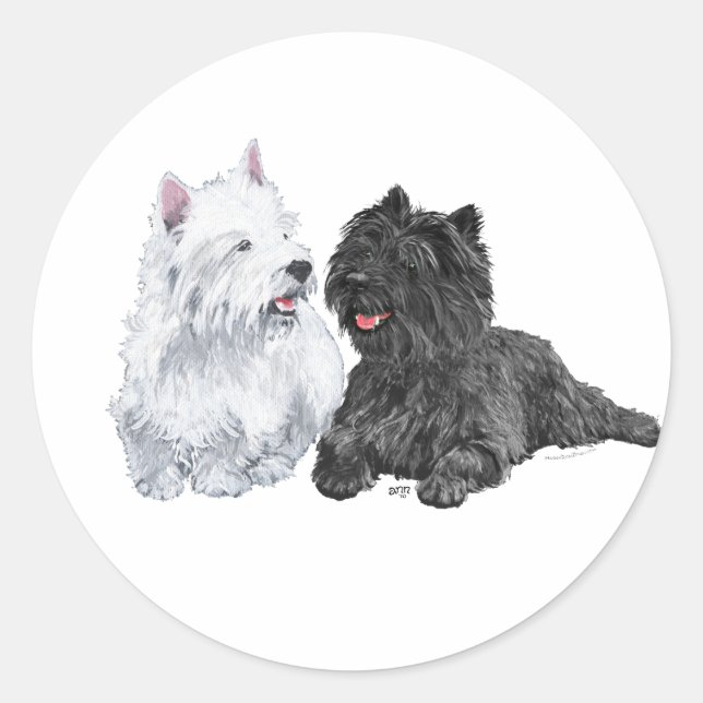 Sticker Rond Cairn noir et Terriers West Highland (Devant)