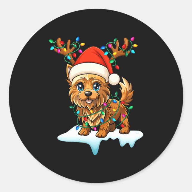 Sticker Rond Cairn Terrier Christmas Santa Hat Reindeer Lights  (Devant)