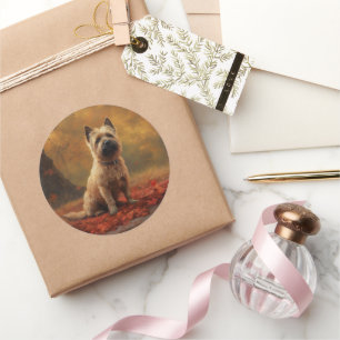 Sticker Rond Cairn Terrier en automne Leaves automne Inspire