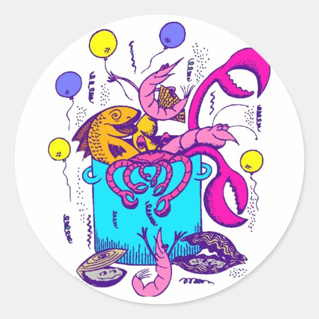 Sticker Rond Cajun Style Pot avec Poisson, écrevisse, crevettes (Devant)