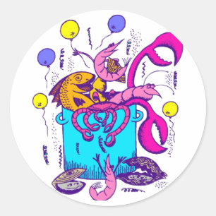 Sticker Rond Cajun Style Pot avec Poisson, écrevisse, crevettes