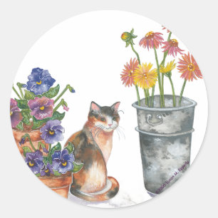 Sticker Rond Calico Cat Pansies Daisies Aquarelle "Don Juan"