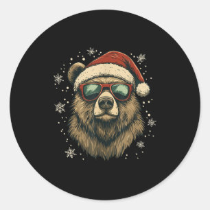 Sticker Rond Calicot ours brun chapeau de Père Noël drôle migno