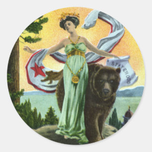 Sticker Rond California Admission Day Festival Femme avec ours