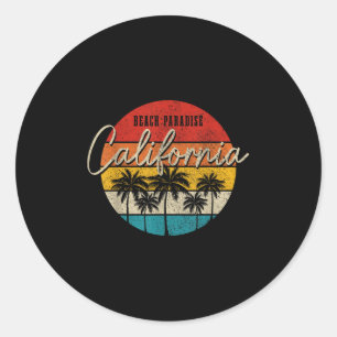 Sticker Rond California Beach Paradise Palmiers Vintages Surfe