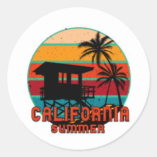 Sticker Rond California Summer Beach Lifeguard Tower Carré St