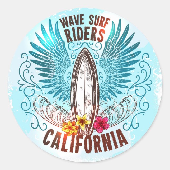 Sticker Rond California Wave Surf Riders (Devant)