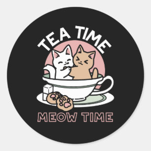 Sticker Rond Câlins de chatons dans une tasse - Thé à croquer