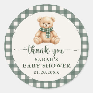 Sticker Rond Câlins Ourson Vert Carreaux Baby Shower Remercieme