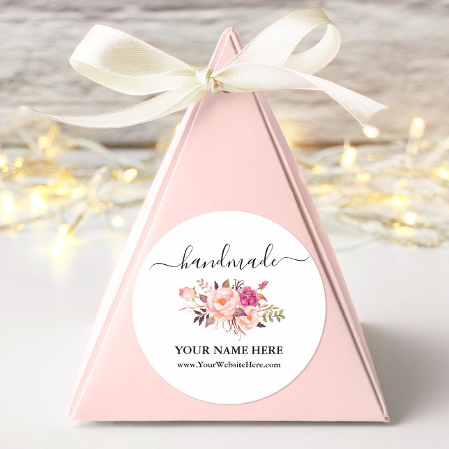 Sticker Rond Calligraphie Aquarelle artisanale Pink Floral (Customize to change text size, color or text style.)