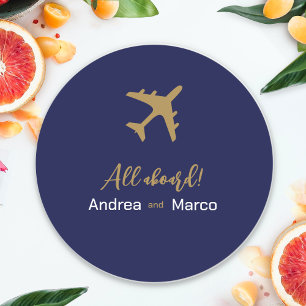 Sticker Rond Calligraphie Bleu Et Gold Boararing Pass Mariage