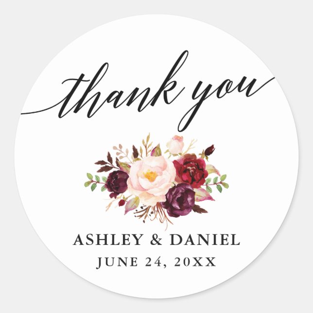 Sticker Rond Calligraphie Bourgogne Floral Mariage Merci (Devant)