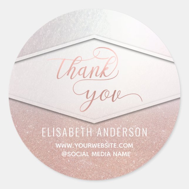Sticker Rond Calligraphie de feuille d'or rose merci (Devant)