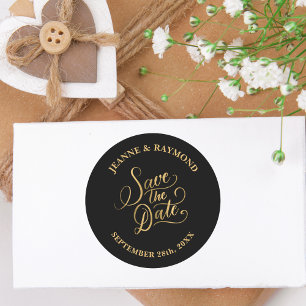 Sticker Rond Calligraphie de mariage noir or à feuilles Save th