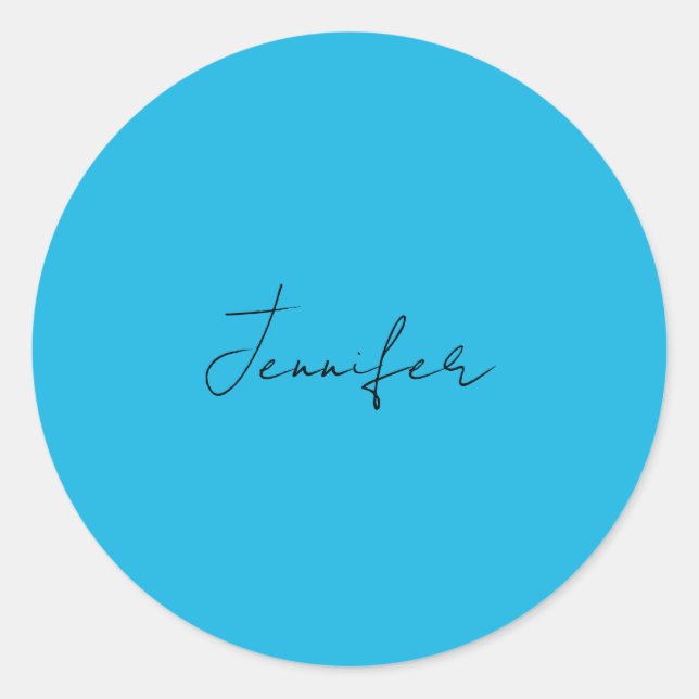 Sticker Rond Calligraphie Élégante Plaque Simple Nom Bleu (Devant)