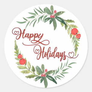 Sticker Rond Calligraphie Happy Holidays couronne botanique