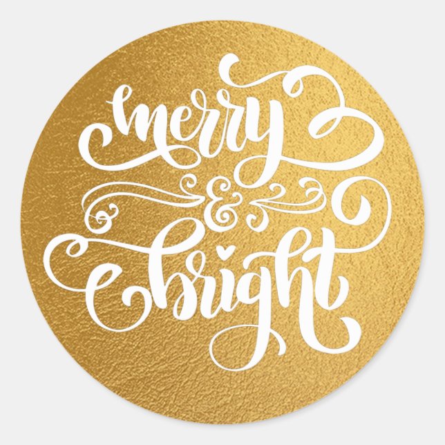 Sticker Rond Calligraphie Merry & Bright Lux Gold Foil (Devant)