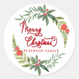 Sticker Rond Calligraphie Merry Christmas botanique couronne