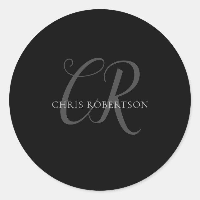 Sticker Rond Calligraphie Monogramme Nom Black Grey Cadeau pers (Devant)