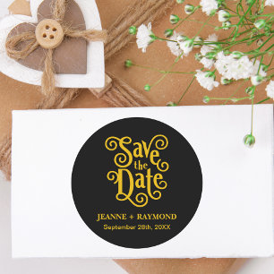 Sticker Rond Calligraphie Noir Or Faire-Part de Mariage Date de