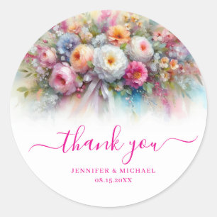 Sticker Rond Calligraphie personnalisée Merci Fleurs aquarelle