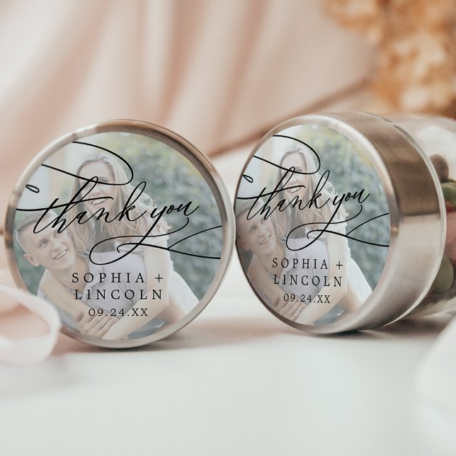 Sticker Rond Calligraphie romantique Photo Merci Favoriser Stic (Créateur téléchargé)