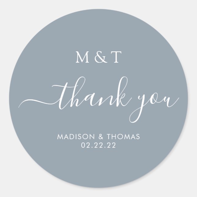 Sticker Rond Calligraphie simple Monogramme Dusty Mariage bleu (Devant)