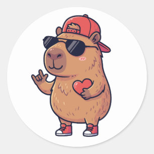Sticker Rond Calot Capybara Signe ASL Je T'Aime Saint-Valentin