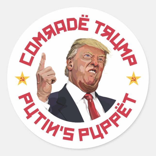 Sticker Rond Camarade Trump : La marionnette de Poutine, illust (Devant)