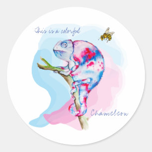 Sticker Rond Caméléon d'aquarelle et abeille colorés.
