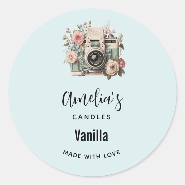 Sticker Rond Camera with Flowers Retro Pastel Candle Business (Devant)