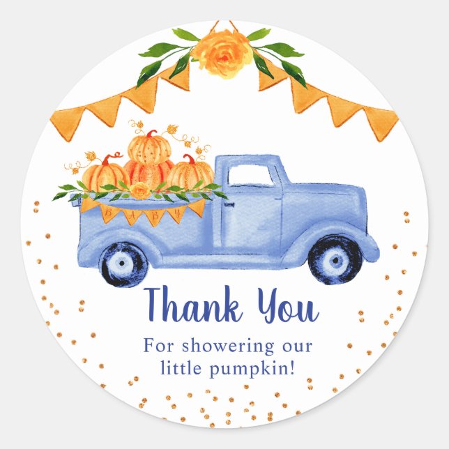 Sticker Rond Camion à citrouilles bleues Merci (Devant)