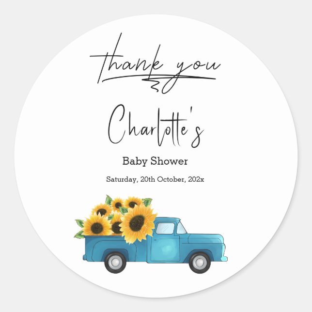 Sticker Rond Camion Aquarelle Avec Baby shower Sunflower (Devant)