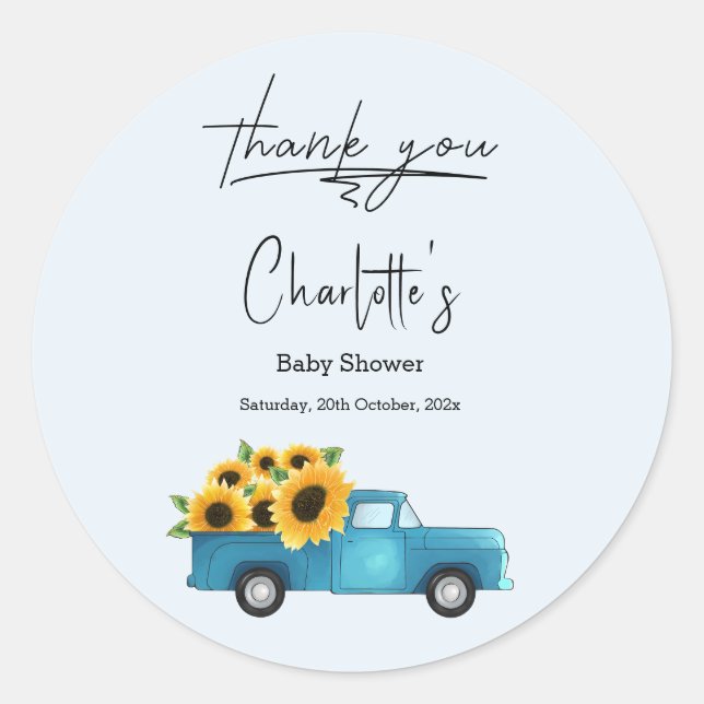 Sticker Rond Camion Aquarelle Avec Baby shower Sunflower (Devant)