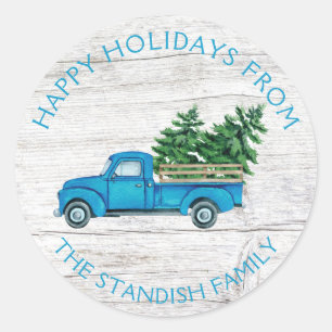 Sticker Rond Camion bleu vintage Arbres de Noël Bois rustique