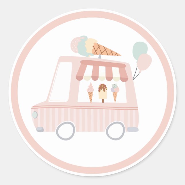 Sticker Rond Camion Crème de glace rose fête d'anniversaire Fav (Devant)