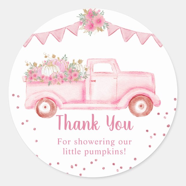 Sticker Rond Camion de citrouilles roses jumelles Merci (Devant)