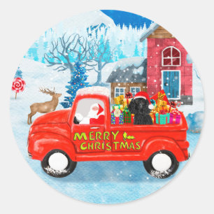 Sticker Rond Camion de livraison de Noël Chien Caniche Neige