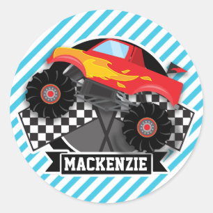 Sticker Rond Camion de monstre rouge ; Drapeau Checkered ;